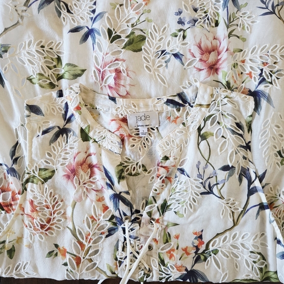 Johnny Was Jade Caprice Women Floral Lace Up Eyelet Silk Blend Mini Dress Size L - Picture 8 of 10